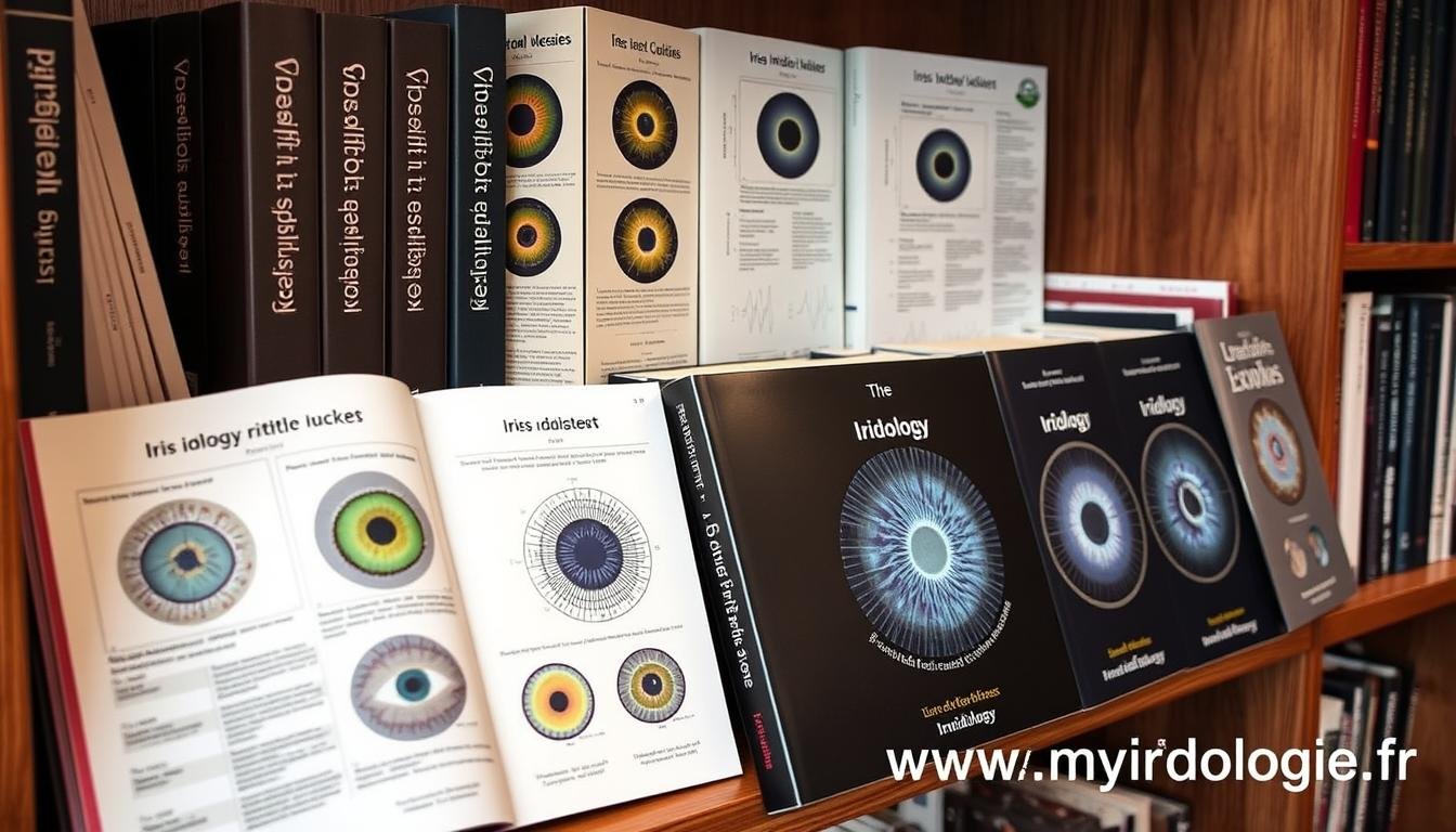 Collection de livres d'iridologie professionnels avec cartes et diagrammes
