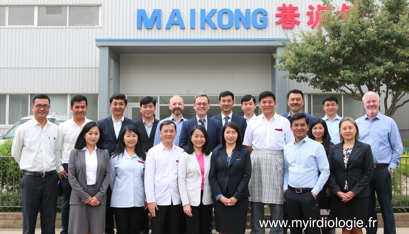 Équipe MAIKONG au complet devant les installations de production