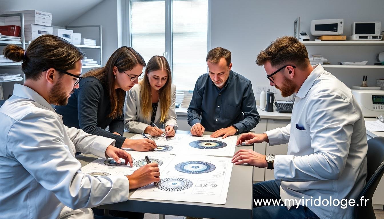 Équipe de recherche et développement MAIKONG travaillant sur de nouvelles cartes d'iridologie