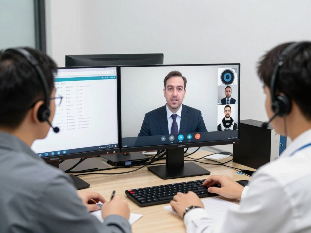 Équipe de support technique MAIKONG assistant un client par vidéoconférence