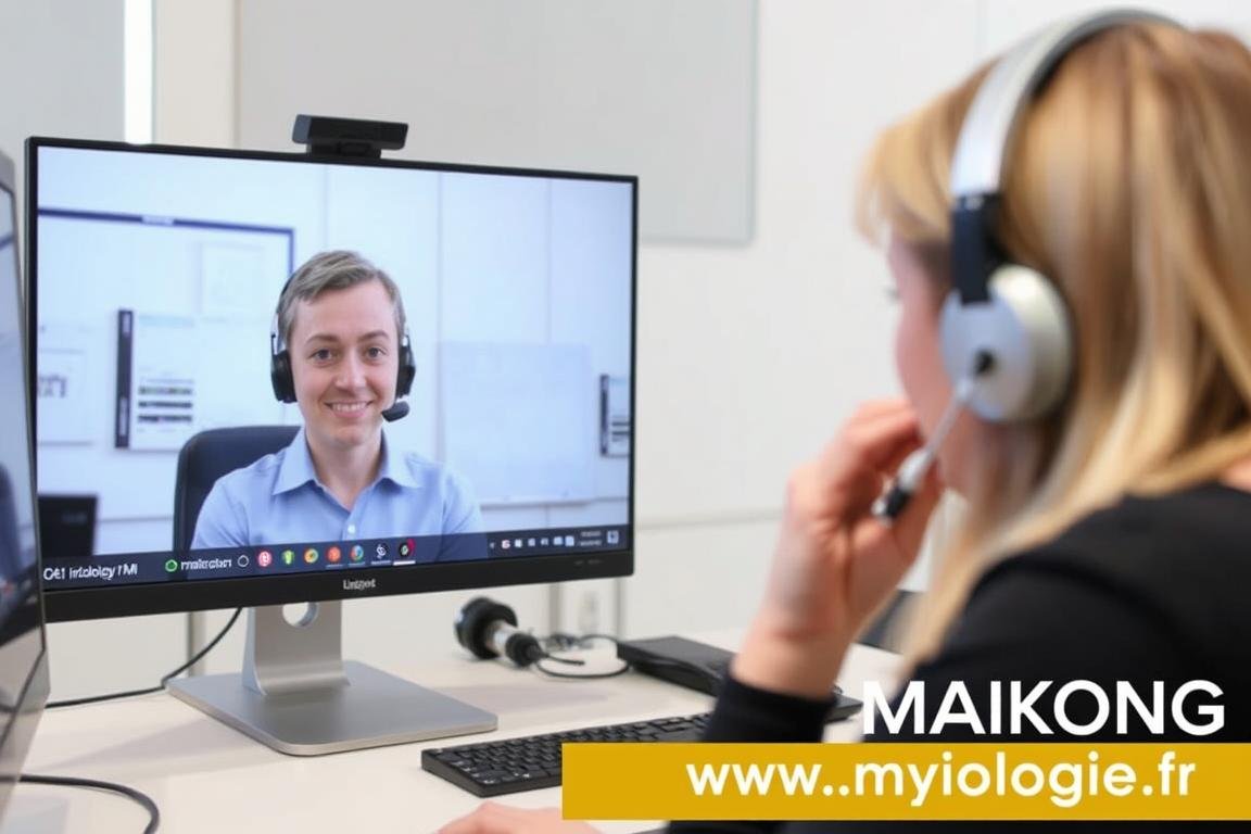 Équipe de support technique MAIKONG assistant un client par vidéoconférence