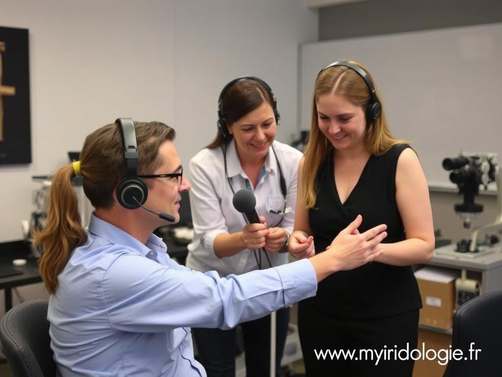 Équipe de support technique MAIKONG assistant un formateur en iridologie