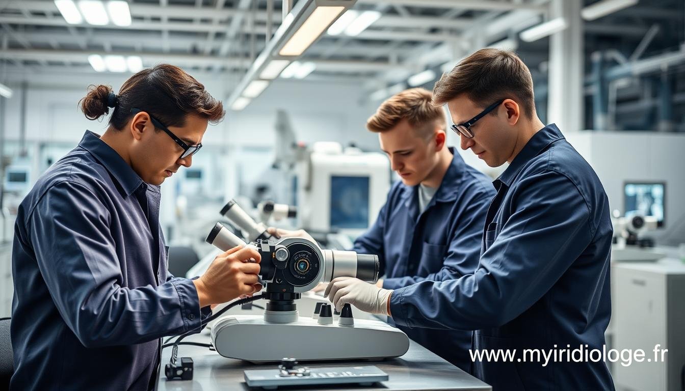 Équipe technique MAIKONG travaillant sur des équipements d'iridologie