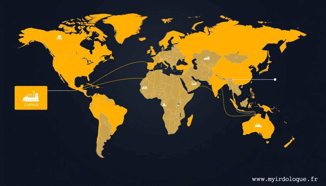 MAIKONG global distribution map showing shipping routes for loupe pour iridologie products