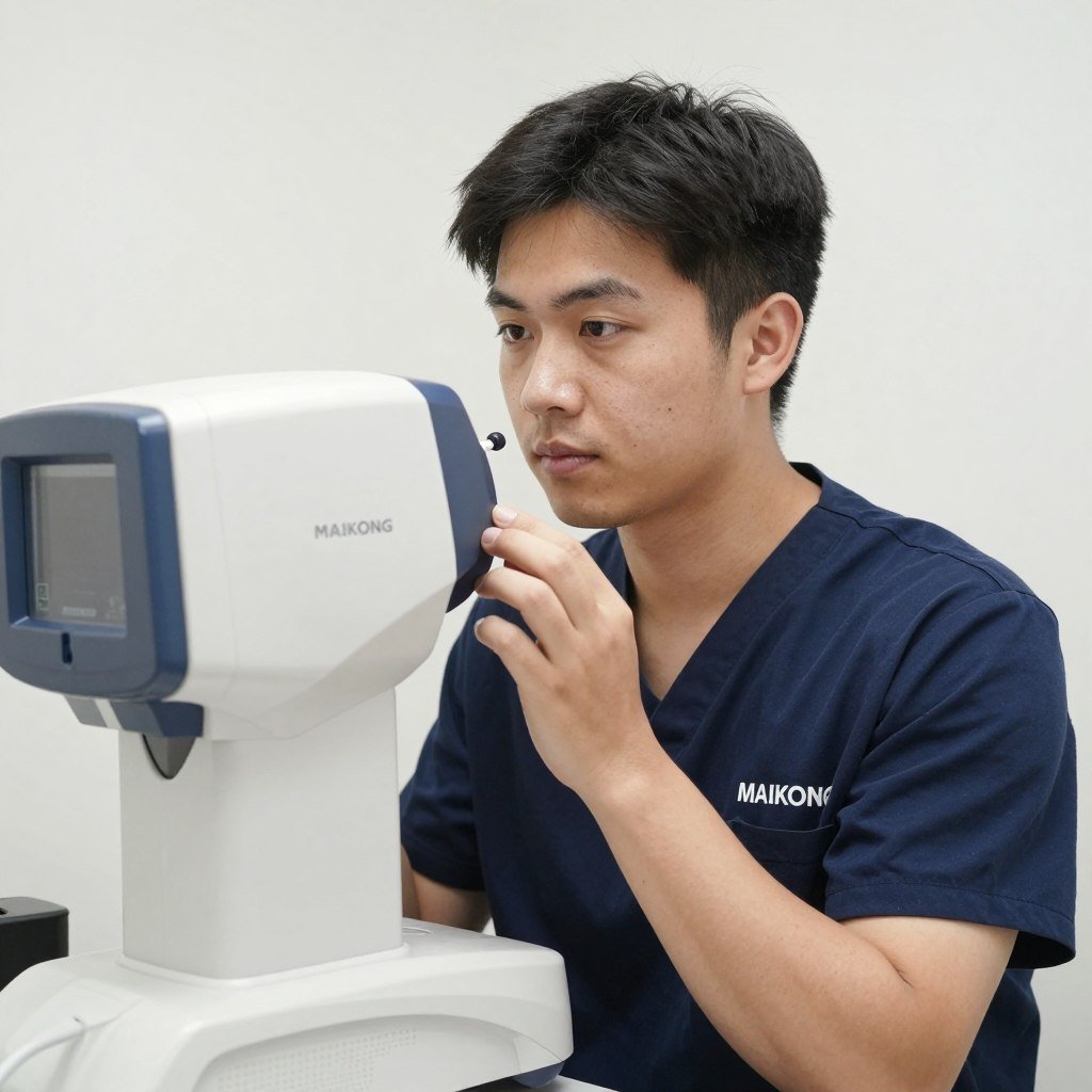 Portrait d'un praticien en iridologie utilisant l'iriscope MAIKONG