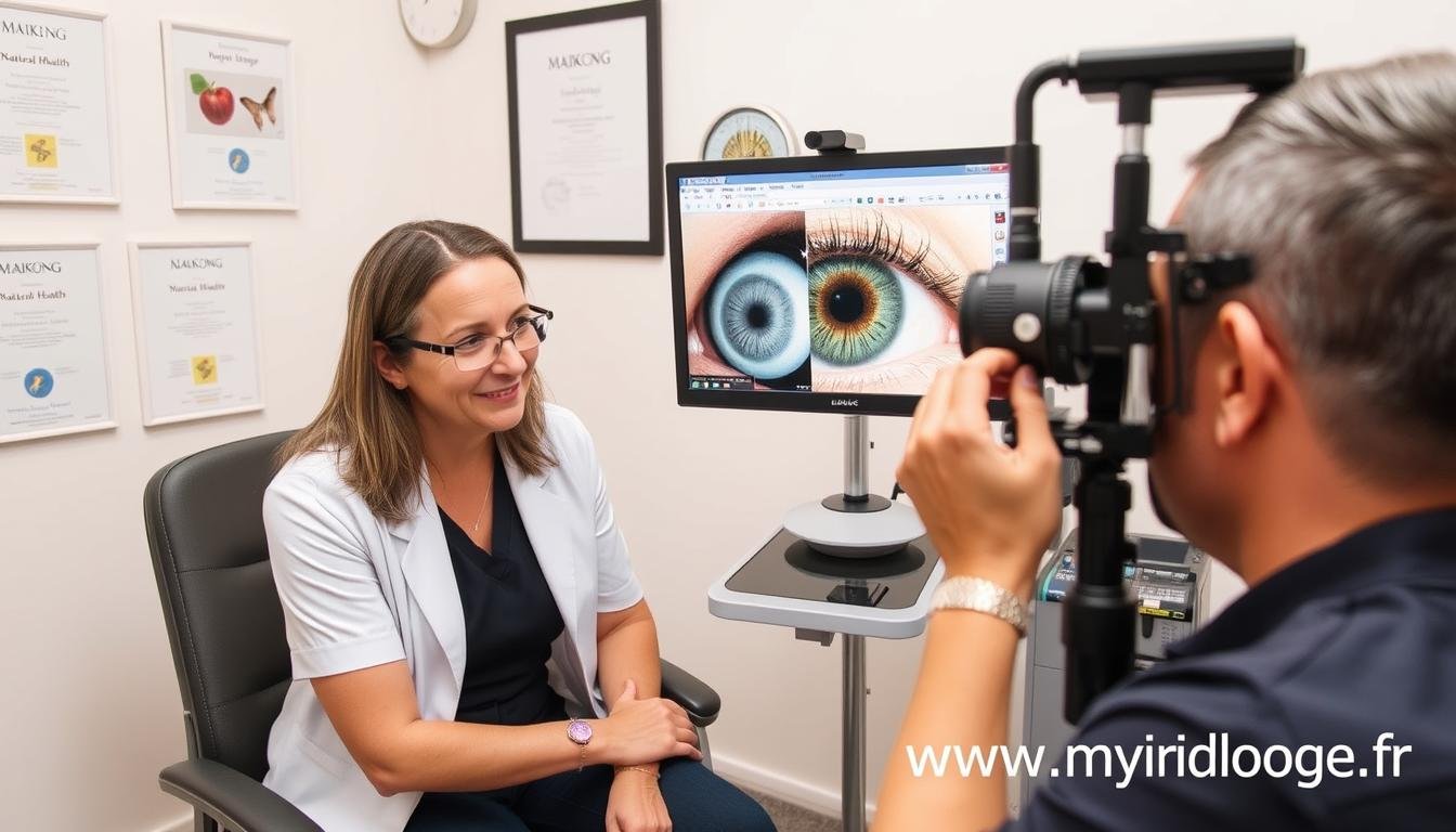 Praticien utilisant un équipement d'iridologie MAIKONG avec un patient