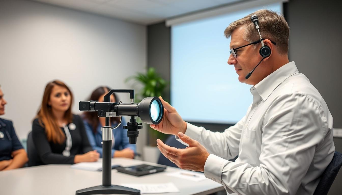 Session de formation à l'utilisation d'une loupe d'iridologie Schweizer