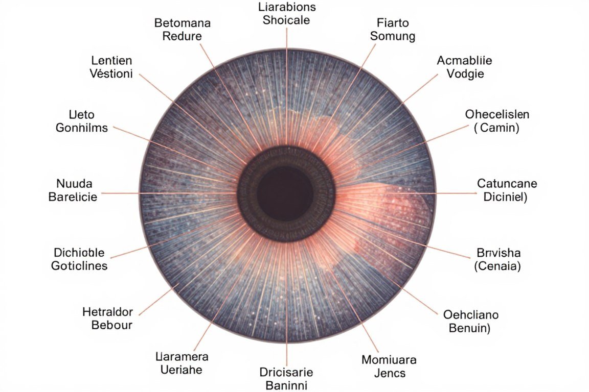 Carte d'iridologie détaillée montrant la correspondance entre les zones de l'iris et les organes du corps