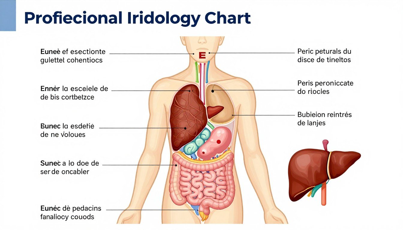 Carte d'iridologie montrant la zone E et ses correspondances avec les organes du corps Carte d'iridologie montrant la zone E et ses correspondances avec les organes du corps
