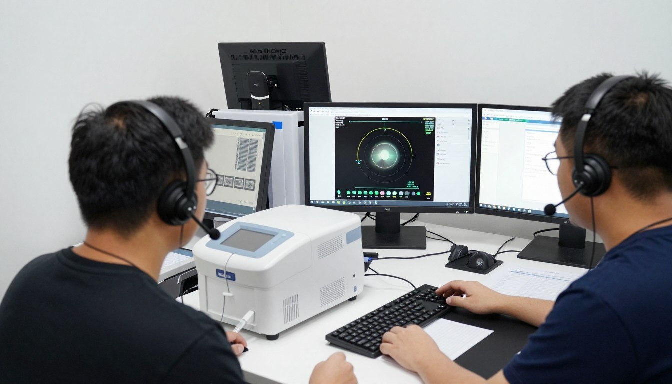 Équipe de support technique MAIKONG assistant un client via vidéoconférence pour l'utilisation d'équipements d'iridologie