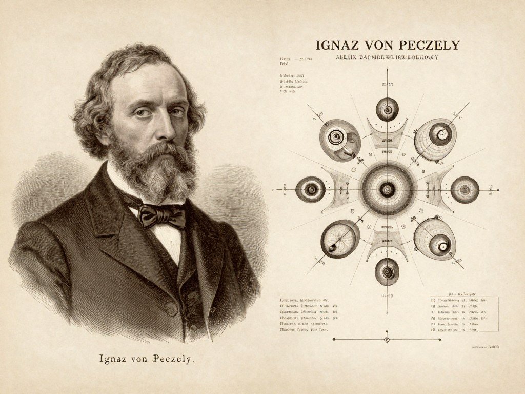 Portrait historique d'Ignaz von Peczely, fondateur de l'iridologie moderne, avec sa première carte d'iridologie