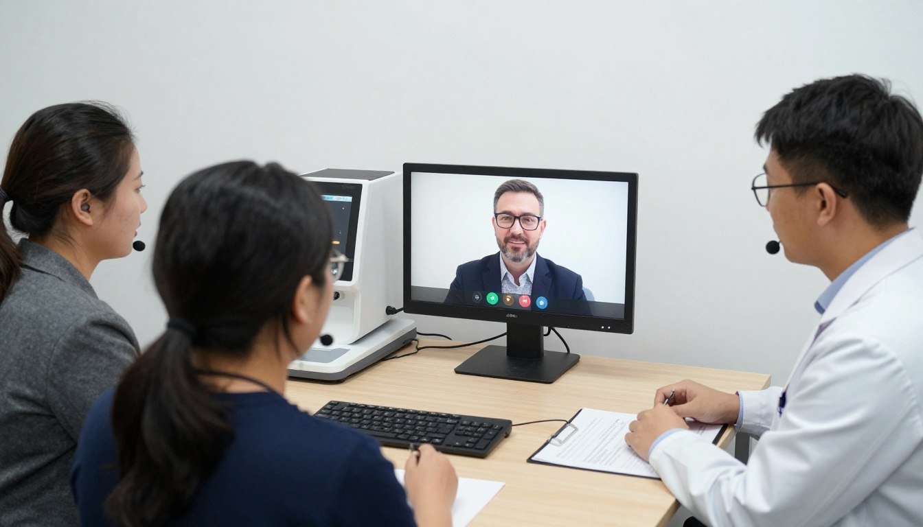 Équipe de support technique MAIKONG assistant un partenaire avec la formation iridologie à distance