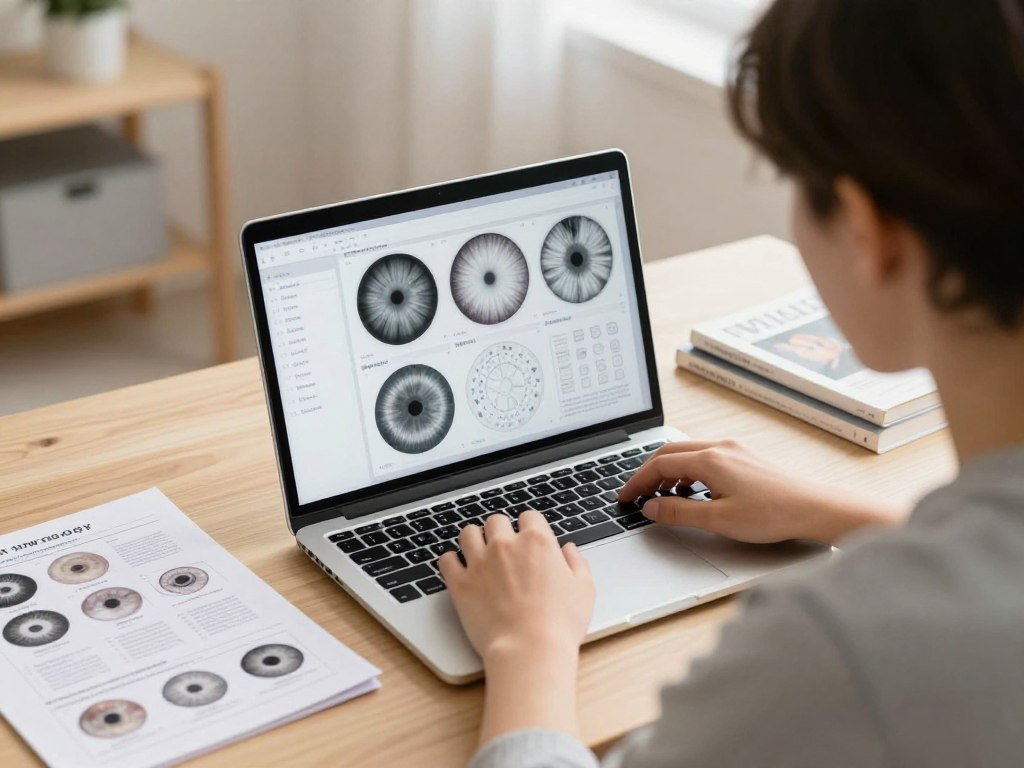 Étudiant suivant une formation d'iridologie à distance sur son ordinateur avec des cartes d'iridologie
