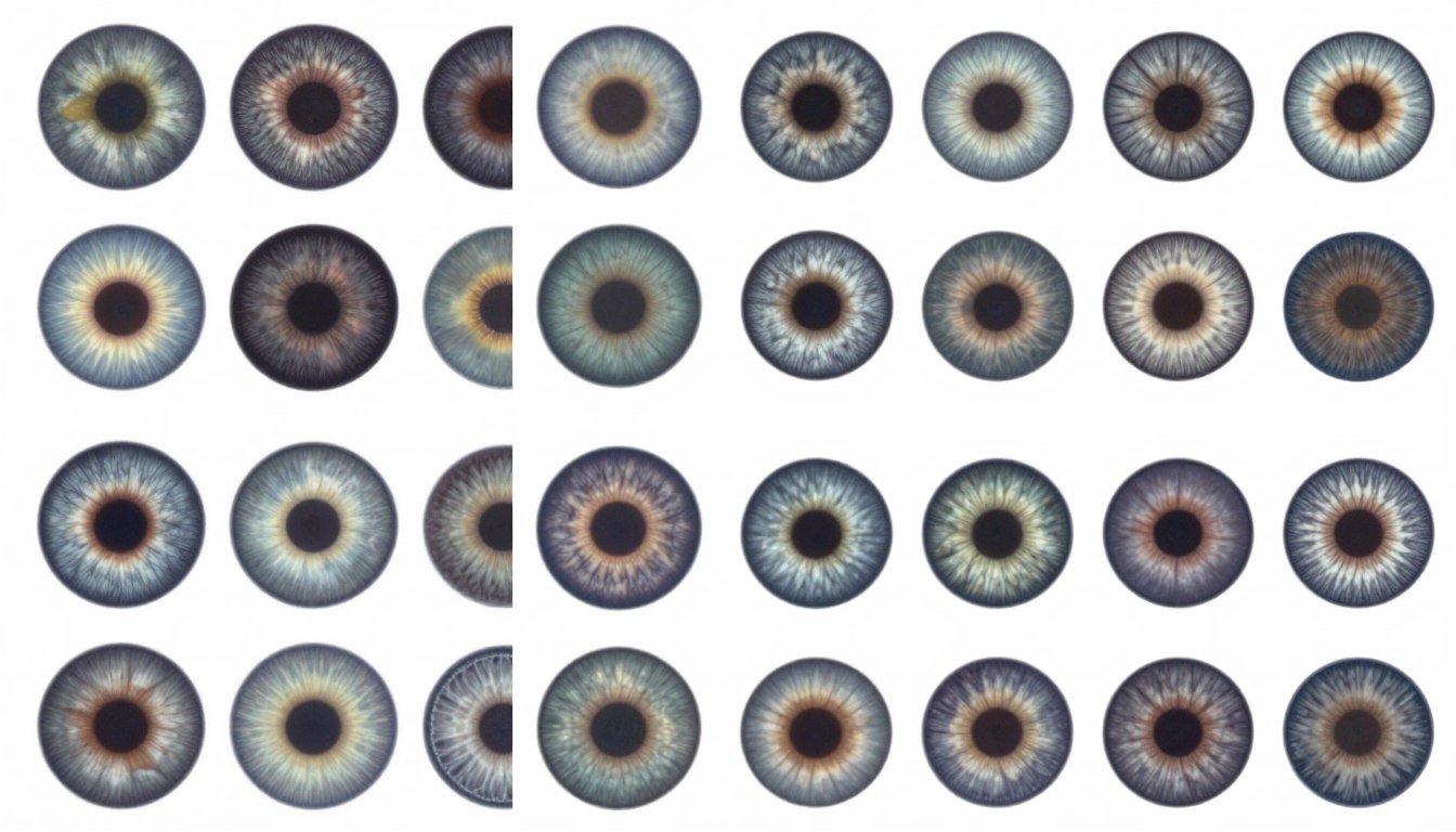 Comparaison de différents iris montrant divers signes iridologiques et anneaux