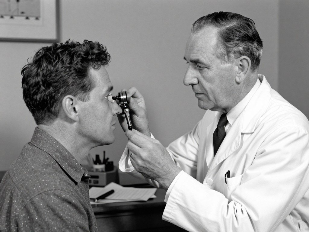 Bernard Jensen examinant un patient avec équipement d'iridologie vintage des années 1950