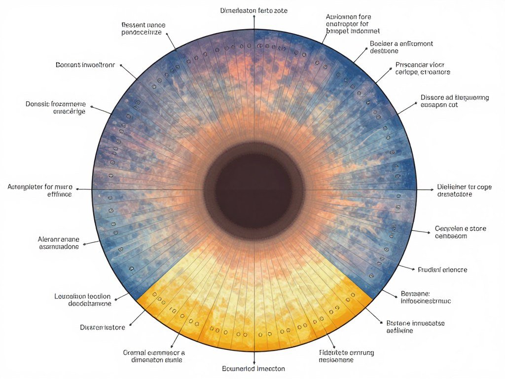 Carte d'iridologie professionnelle montrant la cartographie complète des zones de l'iris