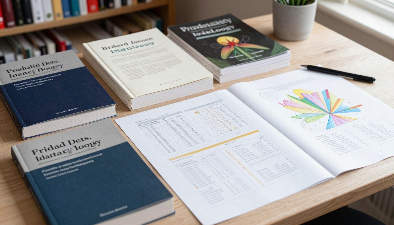 Collection de livres professionnels sur l'iridologie disposés sur un bureau avec cartes de référence Collection de livres professionnels sur l'iridologie disposés sur un bureau avec cartes de référence