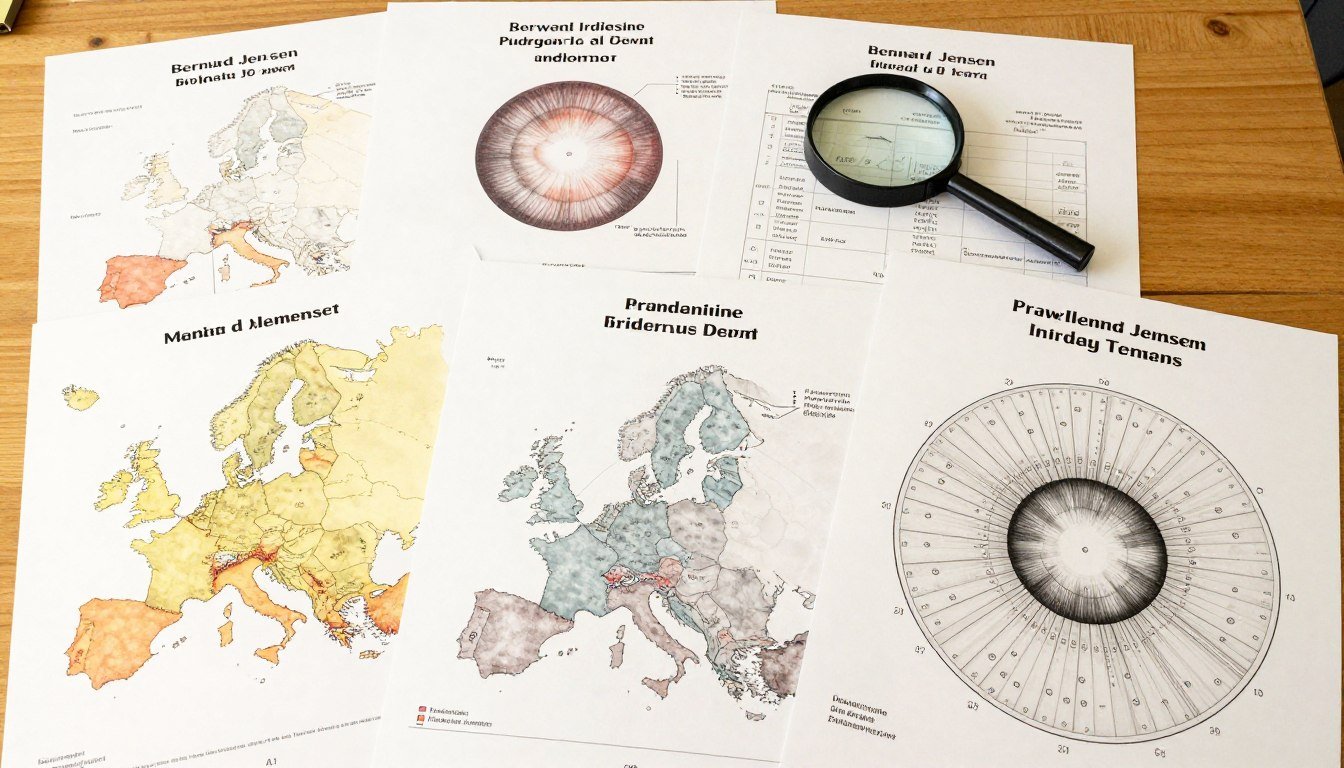 Ensemble de différentes cartes d'iridologie sur une table - modèles de Bernard Jensen, européen et français - avec loupe professionnelle Ensemble de différentes cartes d'iridologie sur une table - modèles de Bernard Jensen, européen et français - avec loupe professionnelle