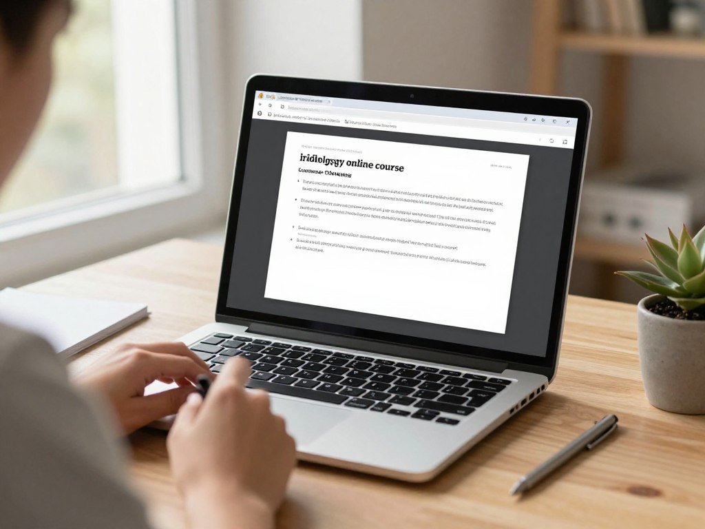 Étudiant en iridologie consultant des ressources pédagogiques en ligne sur ordinateur portable Étudiant en iridologie consultant des ressources pédagogiques en ligne sur ordinateur portable