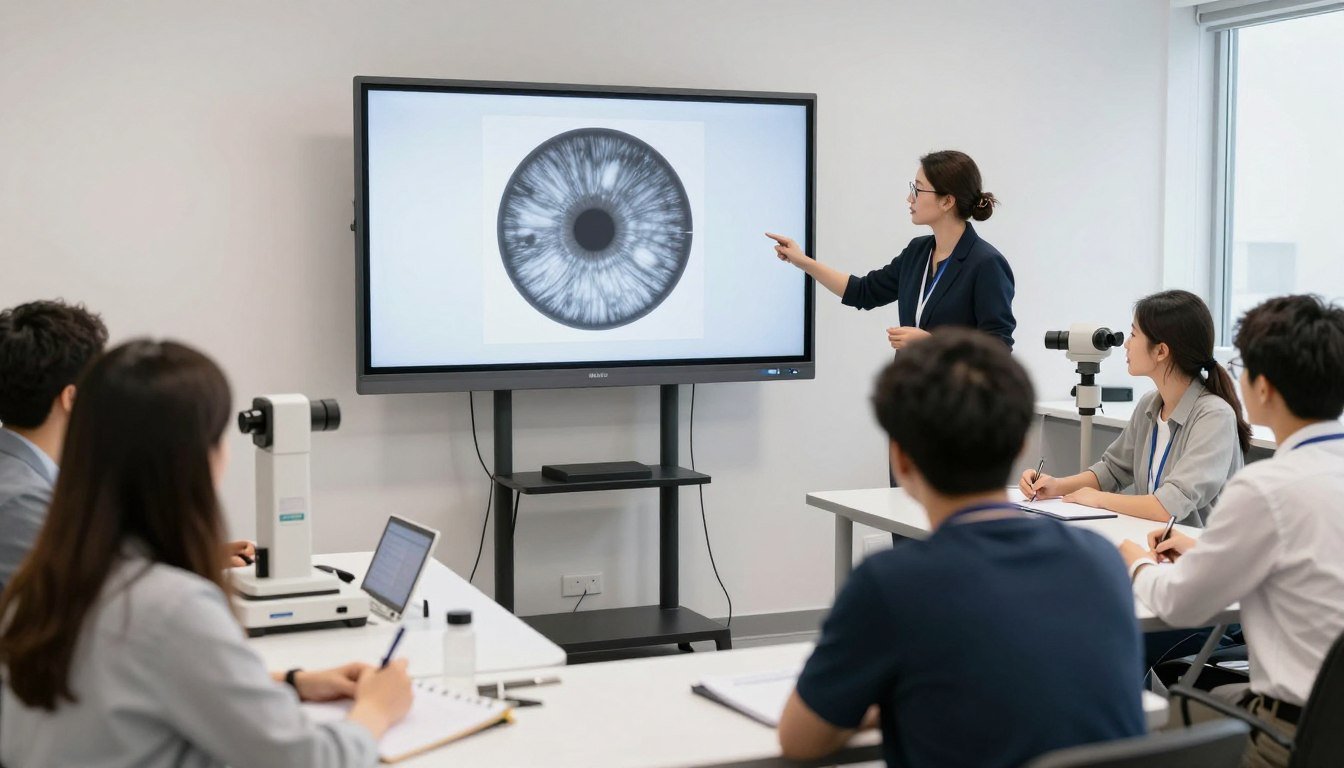 Salle de formation en iridologie avec participants observant des images d'iris sur grand écran et utilisant du matériel professionnel Salle de formation en iridologie avec participants observant des images d'iris sur grand écran et utilisant du matériel professionnel