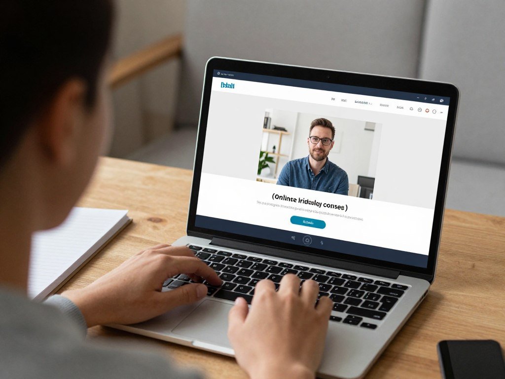 Étudiant suivant une formation iridologie en ligne sur ordinateur Étudiant suivant une formation iridologie en ligne sur ordinateur