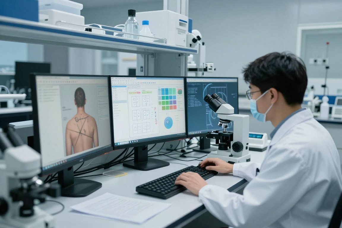 Chercheur analysant des données d'iridologie en laboratoire scientifique