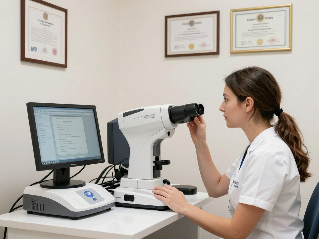 Iridologue diplômé montrant ses certifications et équipement professionnel moderne