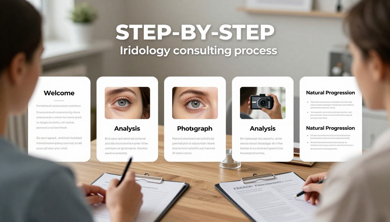 Séquence photographique montrant les différentes étapes d'une consultation en iridologie